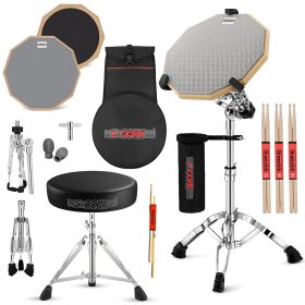 5Core Drum Throne Adjustable Guitar Stool Padded Seat + Drum Practice Pad Snare Drumming Stand - DS CH BLK + DPAD COMBO GREY