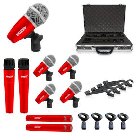 5 CORE Professional Drum Mic Kit 9 Piece Tom Snare Kick set XLR Wired Dynamic Microphone Set for Studio and On Stage Live Use - DM 9RND (Color: Red)