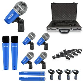 5 CORE Professional Drum Mic Kit 9 Piece Tom Snare Kick set XLR Wired Dynamic Microphone Set for Studio and On Stage Live Use - DM 9RND (Color: Blue)