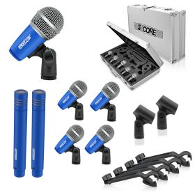 5 CORE Professional Drum Mic Kit 7 Piece Tom Snare Kick set XLR Wired Dynamic Microphone Set for Studio and On Stage Live Use - DM 7RND (Color: Blue)