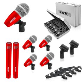 5 CORE Professional Drum Mic Kit 7 Piece Tom Snare Kick set XLR Wired Dynamic Microphone Set for Studio and On Stage Live Use - DM 7RND (Color: Red)