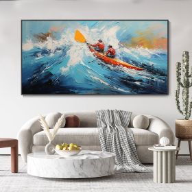 Hand Painted Oil Painting Custom Kayaking Sports Wall Art Original Water Surfing Sports Abstract Blue Ocean Canvas Oil Painting Minimalist Wall Decor (style: 01, size: 60x120cm)